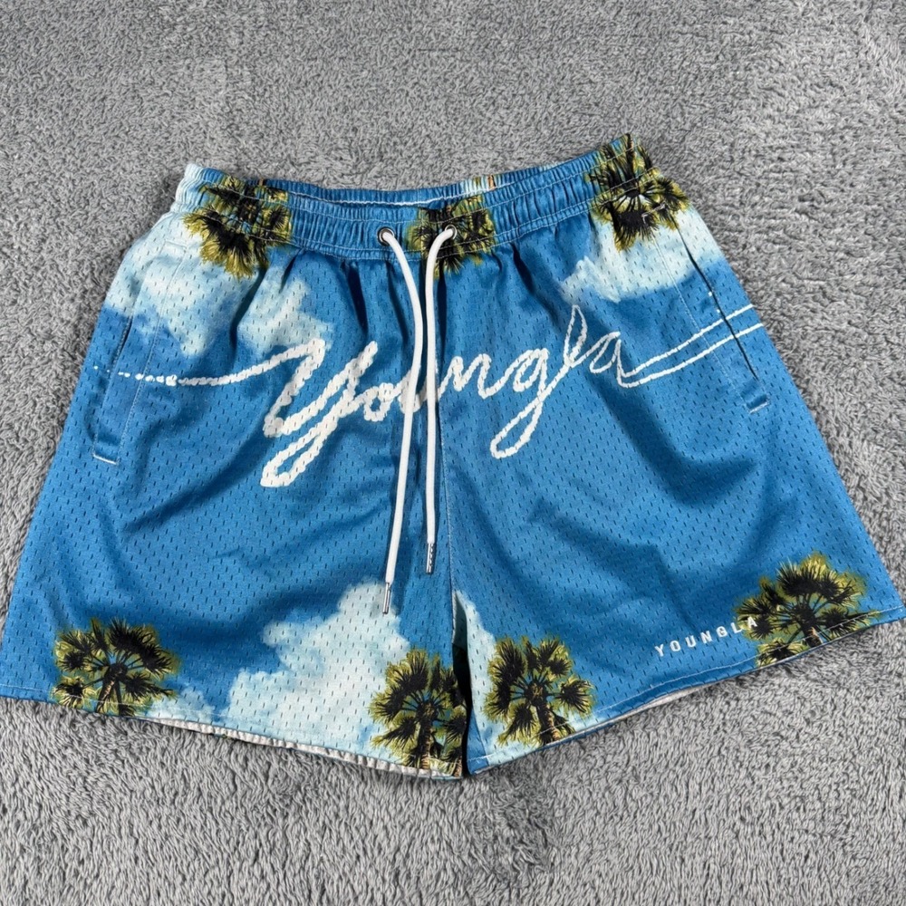 YoungLA Mesh Shorts Mens Medium Blue Palm Tree Sky Graphic Gym Athletic Tropical